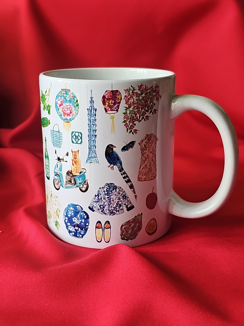 New White Ceramic Mug with Colorful Asian-Inspired Illustrations